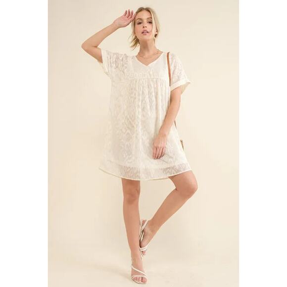 And The Why Woven Leopard Print Babydoll Roll-Sleeves Casual Mini Dress | White - Picture 9 of 9